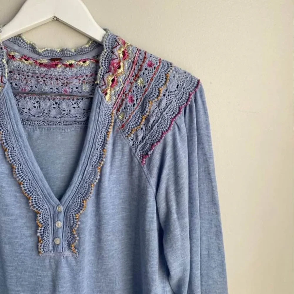 Free People Spring Fiesta Siesta Blue Blouse with Bohemian Embroidery - Picture 3 of 7